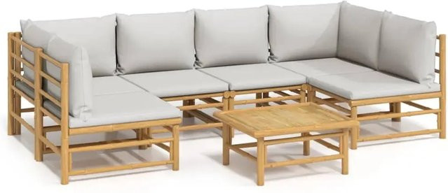 vidaXL 7-tlg. Garten-Lounge-Set aus Bambus mit grauen Polsterkissen und Couchtisch in L-Form - Bild 1