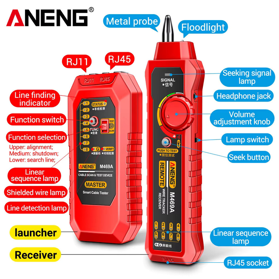 ANENG M469A Netzwerkkabel-Finder und -Tester für RJ45 und RJ11 in Rot - Bild 5