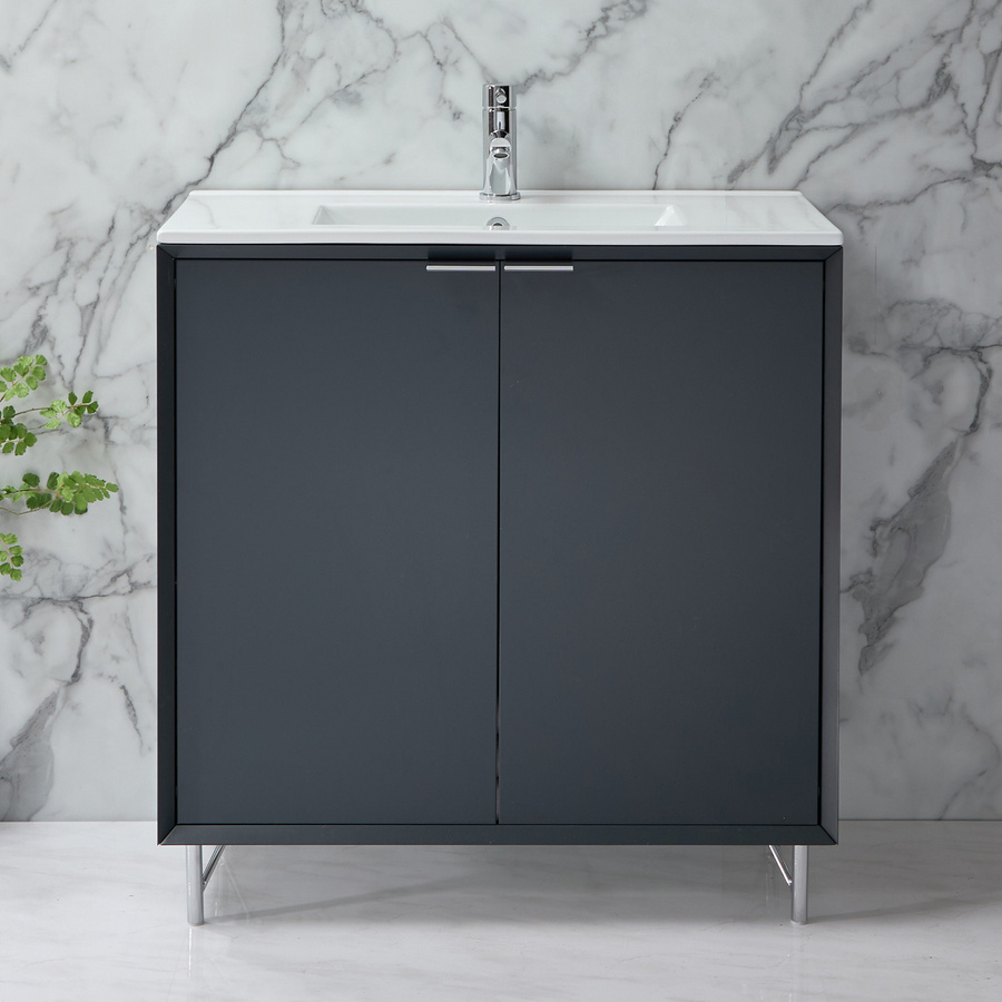 Waschtischunterschrank mit Waschbecken HudsonReed Edge in Anthrazit mit Soft-Close-Türen und Chrom-Fingergriffen, Breite: 81 cm - Bild 1