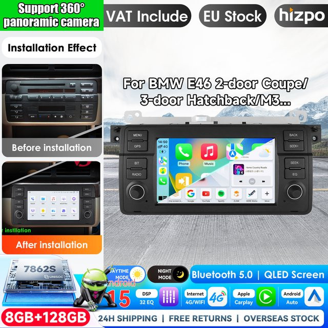 Hizpo Wireless CarPlay und Android Auto Autoradio für BMW E46 mit 7 Zoll IPS Touchscreen Multimedia System in Schwarz - Bild 1