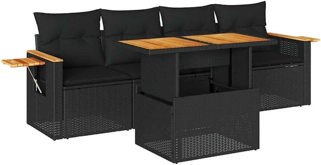 vidaXL 5-tlg. Garten-Sofagarnitur mit Tisch und Kissen, Schwarz, PE-Rattan, Akazienholz und pulverbeschichtetem Stahl - Bild 1