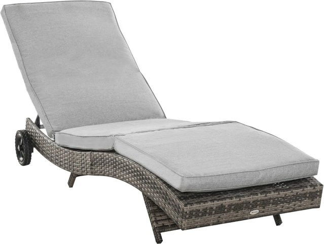 Outsunny Gartenliege aus Metall und PE-Rattan in Grau mit UV-beständigem Polyester und Rollen, L: 207 cm, B: 70 cm, H: 70 cm - Bild 1
