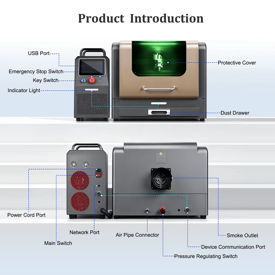 JPT Desktop-Faserlaserschneidemaschine mit Laserquelle für das Schneiden und Gravieren von Metallen wie Edelstahl, Eisen und Kupfer, 1200W/800W - Bild 3