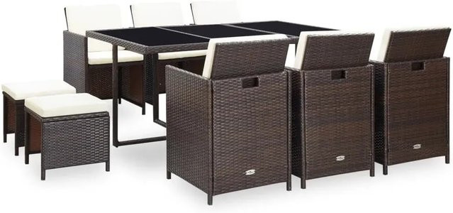 vidaXL 11-teilige Garten-Essgruppe aus Poly Rattan in Braun mit Glasplatte und wetterfesten Auflagen - Bild 1