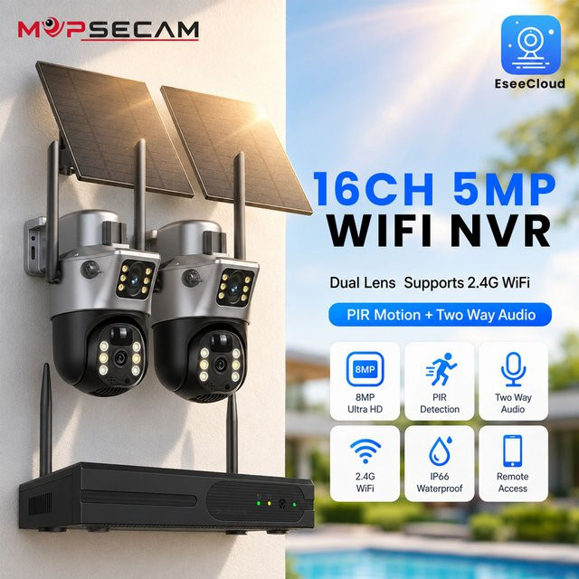 MvpSecam 8MP Dual-Objektiv Solar-WLAN-Sicherheitskamerasystem mit 5MP 16CH WLAN-NVR, PIR-Erkennung, Zwei-Wege-Audio und IP66 Wasserdichtigkeit für den Außenbereich via EseeCloud - Bild 1