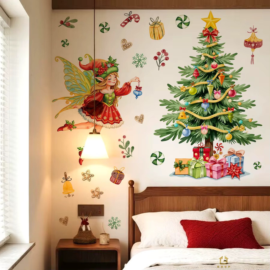 BRUP Weihnachts-Wandaufkleber mit Fee, Baum und Geschenkstapel, selbstklebend und abnehmbar, Mehrfarbig - Bild 3