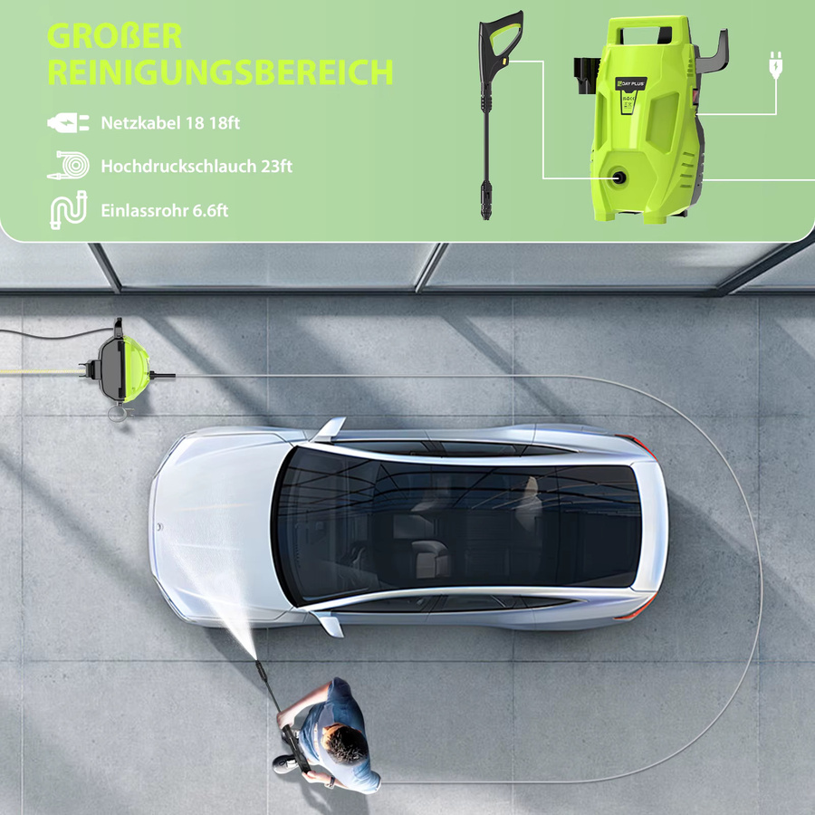 DayPlus Elektrische Hochdruckwaschmaschine in Grün mit 2300W, 2050PSI, 1.6GPM, verstellbarer Düse und Waschmitteltank für Auto, Terrasse und Garten - Bild 7