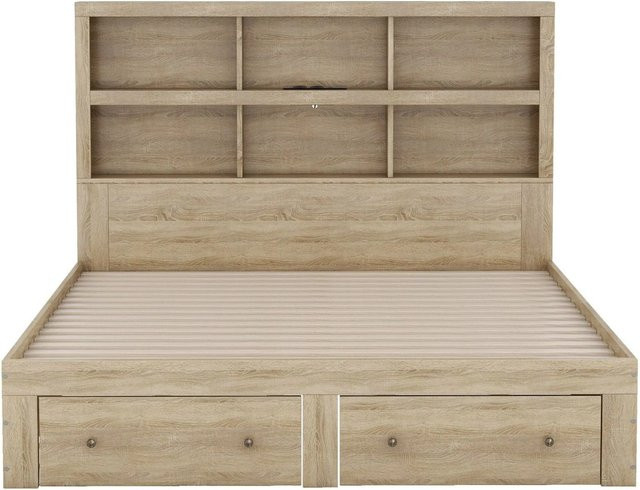 okwish Doppelbett mit zwei Schubladen und Kopfteil mit Stauraum sowie USB-Ladeport, Farbe: Beige/Natur, B/T/H: 160 x 200 x 130 cm - Bild 1