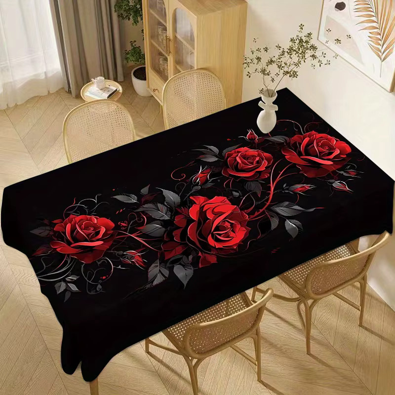 VIKAMA Quadratische Tischdecke mit floralem Rosendruck in Schwarz - Bild 3