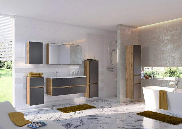 Held Möbel Waschtisch-Set Bari 2-tlg. in Grau-Wotaneiche matt mit Doppel-Mineralgussbecken und Spiegelschrank mit LED-Beleuchtung und Steckdose, Breite: 120 cm - Bild 1