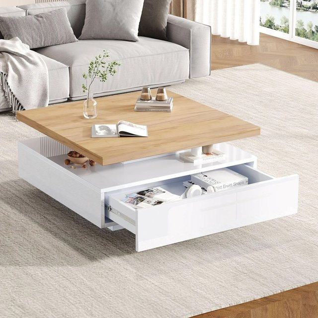 Merax Couchtisch quadratisch mit drehbarer Tischplatte in Weiß und Hochglanz-Optik mit Stauraum - Bild 1