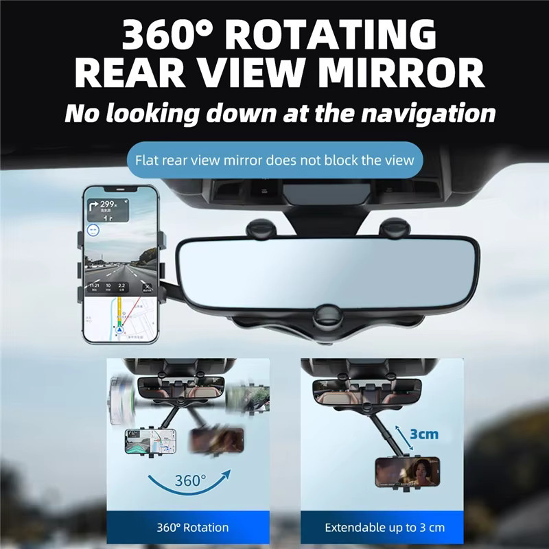 360 Grad drehbarer Auto-Rückspiegel-Telefonhalter für Smartphone und GPS in Schwarz mit verstellbarem Teleskop-Ständer - Bild 3