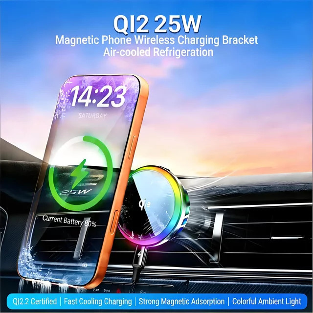Kebidumei Magnetisches kabelloses Auto-Ladegerät mit Kühlung und RGB-Licht, 25W Schnellladegerät und Handyhalterung für MagSafe iPhone, Farbe: Schwarz - Bild 1