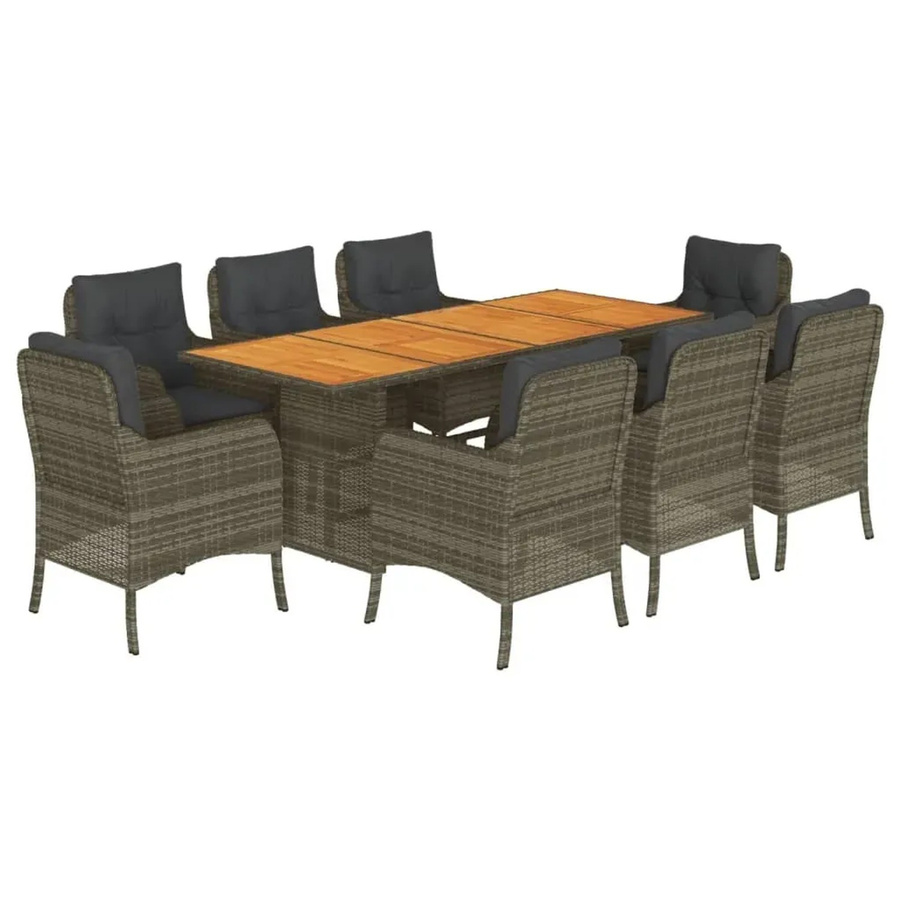 vidaXL 9-teilige Garten-Essgruppe aus Poly Rattan und Akazienholz in Grau mit Kissen für Garten, Hinterhof und Terrasse - Bild 2