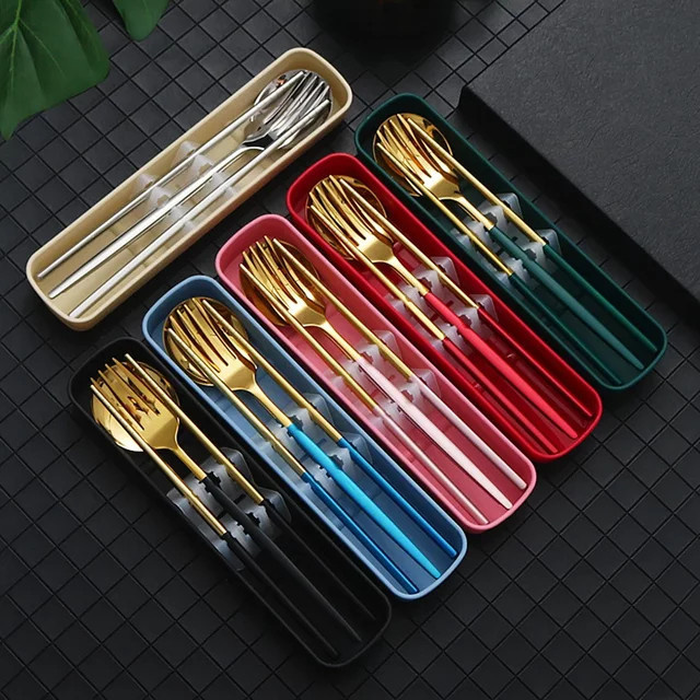 PINKTEN Besteckset aus Edelstahl in Gold und Silber mit Box, bestehend aus 4-teiligem Set mit Löffel, Gabel und Stäbchen für Erwachsene - Bild 1