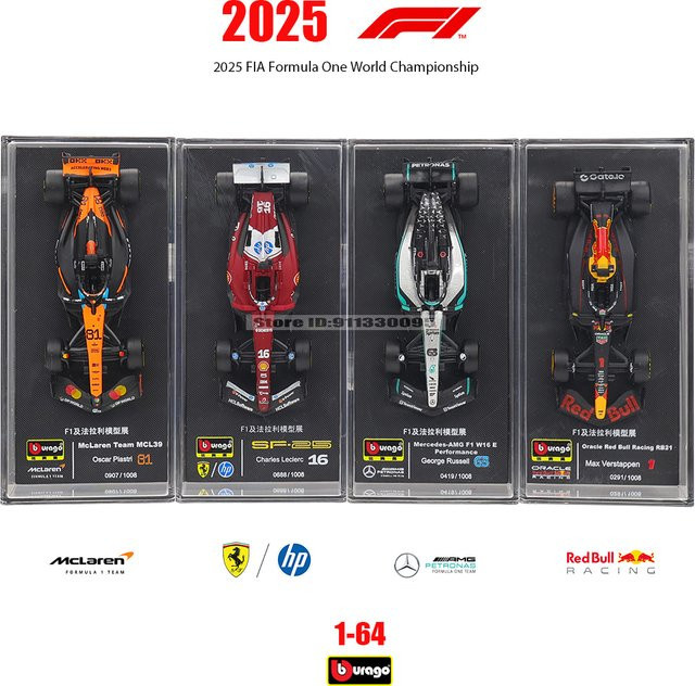 Bburago F1 McLaren MCL39 Mercedes-AMG W16 Red Bull RB21 Ferrari SF25, Legierungsautomodell, 1:64, mit Acryl - Bild 1