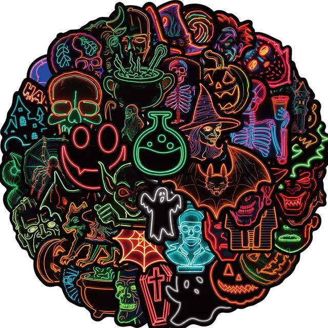 50 Stück Cartoon Neon Gothic Halloween Graffiti Aufkleber in Multicolour für Fahrrad, Notizbuch und Federmäppchen - Bild 1