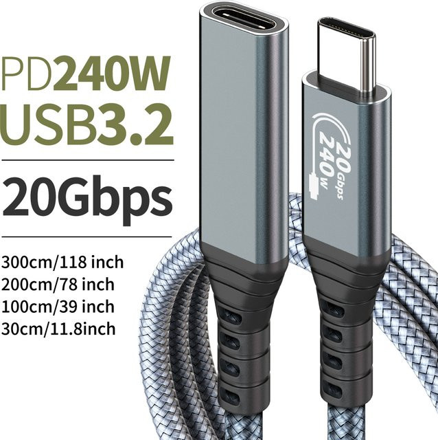 KakuuCa USB-C Verlängerungskabel Grau, USB 3.2 Typ C auf Buchse, 20Gbps und 240W für iPhone, MacBook, iPad und Dell XPS - Bild 1