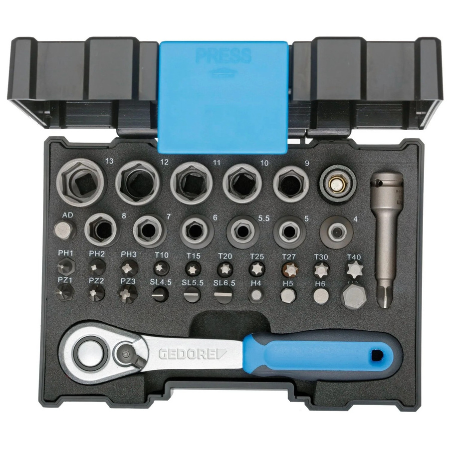 Gedore Bit-Steckschlüsselbox 666-U-20 mit Knarre 1/4 Zoll, 35-teilig, Schwarz-Blau - Bild 2