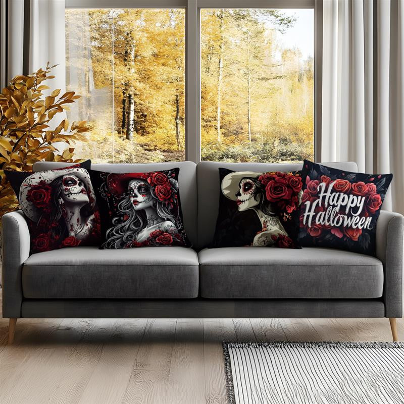 Halloween Kissenbezug mit Skelett-Braut und Totenkopf Motiv in Schwarz, B/B: 18 x 18 cm - Bild 5