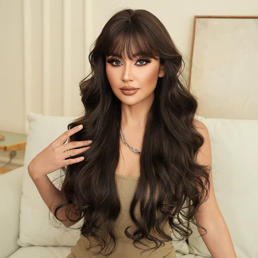 7JHH WIGS Perücke für Damen, lange gewellte Kunsthaarperücke, dunkelbraun, schwarze Teefarbe, mit Pony - Bild 2
