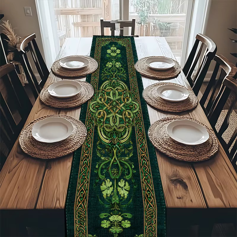 VIKAMA Tischläufer mit keltischem Kleeblatt-Motiv aus Leinen, Grün, B/H: 90 x 33 cm - Bild 3