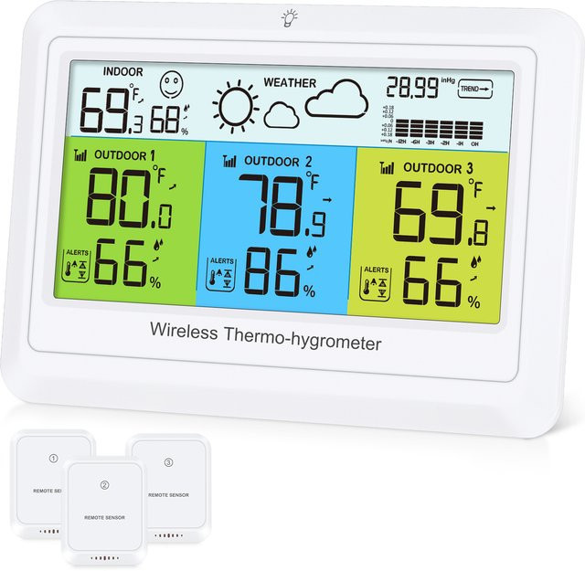 ORIA Wetterstation mit Farbdisplay und kabellosem Innen- und Außenthermometer zur Messung von Luftfeuchtigkeit und Vorhersage in Weiß - Bild 1