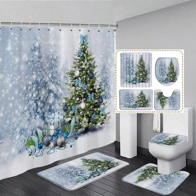 Weihnachts-Duschvorhang mit Weihnachtsmann und Schneemann Motiv aus Polyester, Mehrfarbig, Breite: 90 cm, Höhe: 180 cm - Bild 1