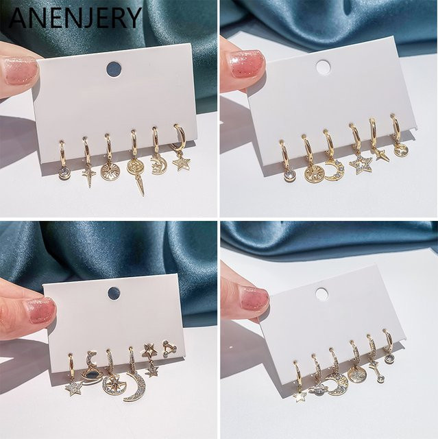 ANENJERY Ohrringe, 6-teiliges Set, Creolen, Stern und Mond, Bunt, Zirkonia, Damen - Bild 1