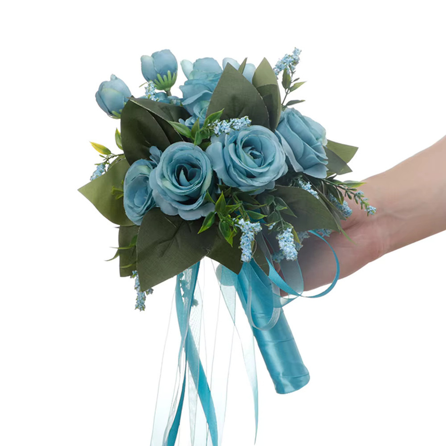 Künstlicher Brautstrauß mit weißen Rosen und Seidenband für deine Hochzeit - Bild 3