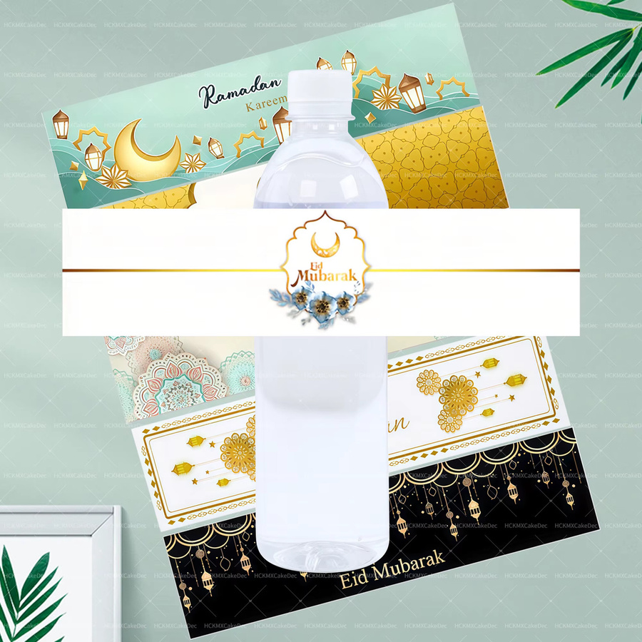 10 Stück Eid Mubarak Wasserflaschenaufkleber für deine Ramadan Dekoration, selbstklebende Etiketten in Schwarz - Bild 1