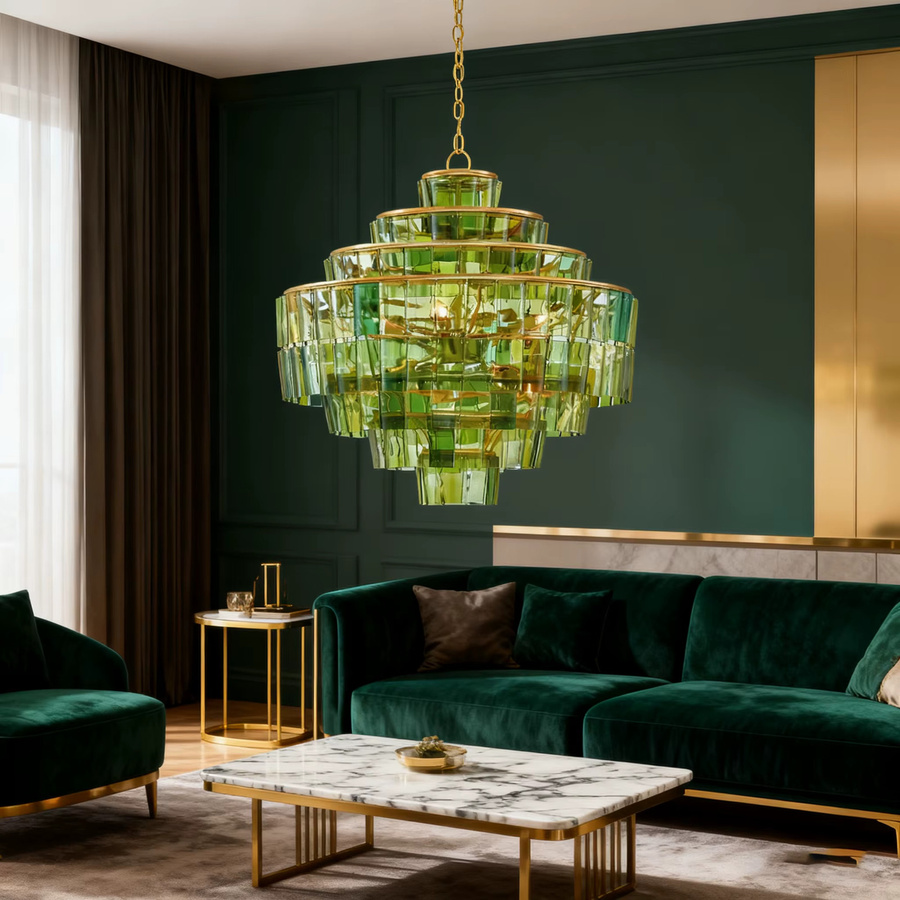Französischer Kronleuchter mit Zweigdesign aus grünem und klarem Glas in Gold/Messing, dimmbare Pendelleuchte für das Esszimmer - Bild 3