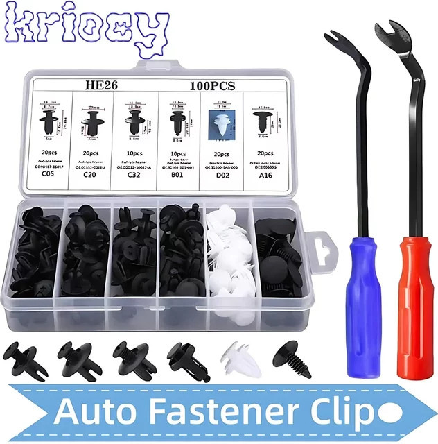 KRIOCY 100 Stück Kunststoff-Stoßstangen-Clips Set mit Befestigungselement-Entferner für GM, 6 Größen, Nylon-Nieten und Befestigungselemente - Bild 1