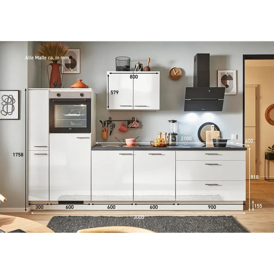 pino Küchenzeile Weiß Hochglanz mit Seitenschrank und Geräteanschluss, Breite: 300 cm - Bild 2
