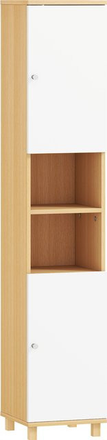 HOMCOM Badsäule mit Türen und Regalen, platzsparender Badezimmerschrank mit verstellbaren Einlegeböden, Weiß und Holz, B/T/H: 30 x 30 x 166 cm - Bild 1
