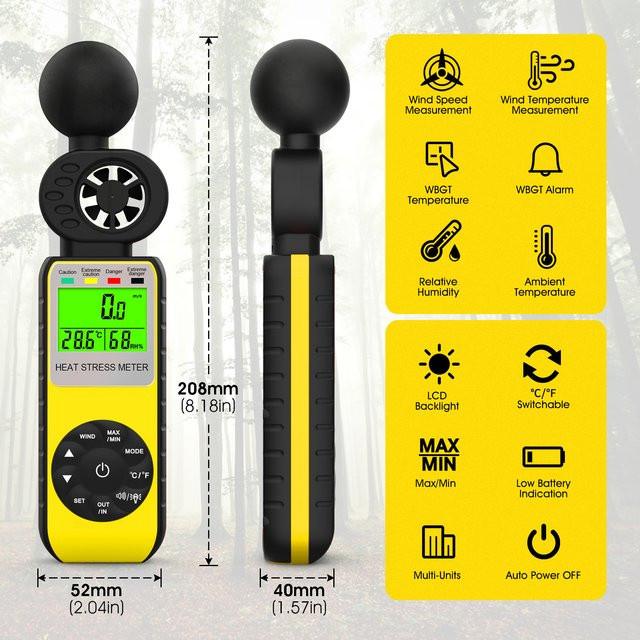 HoldPeak Digitales Anemometer mit WBGT-Tester als 4-in-1 Hitzestress-Messgerät für Windgeschwindigkeit, Lufttemperatur und Luftfeuchtigkeit (0 ~ 30 m/s, 0 ~ 50 °C) - Bild 1