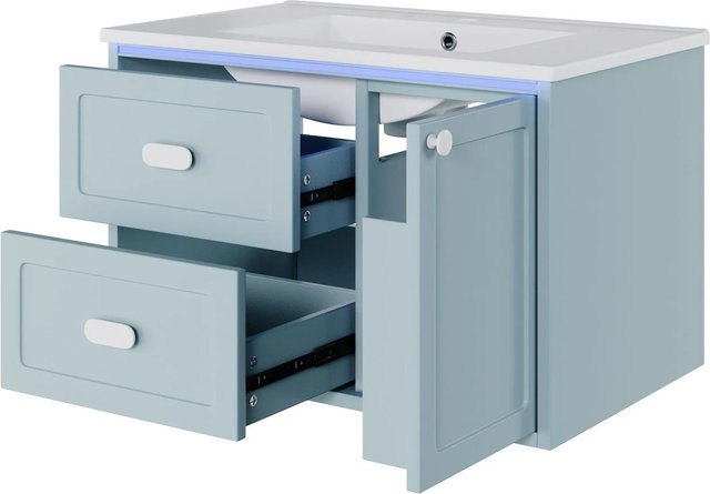 PXloue Waschtisch mit Unterschrank in Blau und Weiß, Wandhängendes Badmöbel Set mit Keramik Waschbecken, LED Sensor Licht und Schubladen - Bild 1