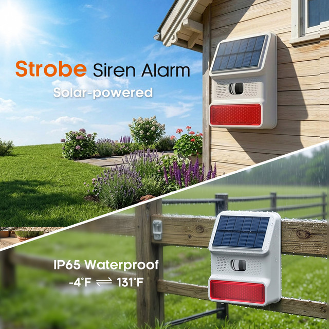 PGST Solar-Alarmanlage mit PIR-Bewegungsmelder, Sirene und Blitzlicht in Weiß, IP65 wasserdicht - Bild 1