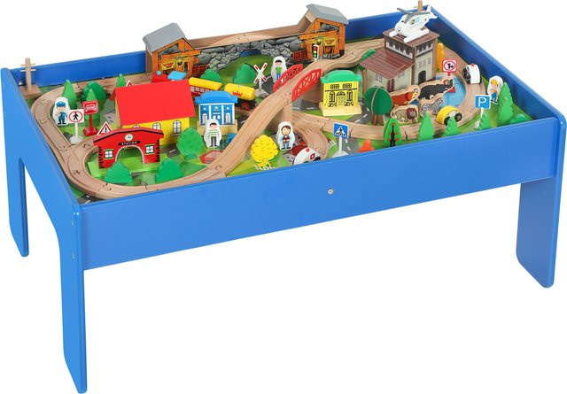 AIYAPLAY Eisenbahn-Set Spieltisch aus Holz, 108-teiliges Set, Blau, ab 3 Jahren - Bild 1