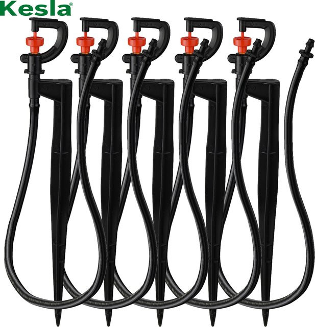 KESLA 5er Set Rotierende Mikrobewässerungs-Sprinkler in Schwarz mit 20 cm Pfahl und 1/4 Zoll Widerhakenanschluss für Gewächshaus und Rasen - Bild 1