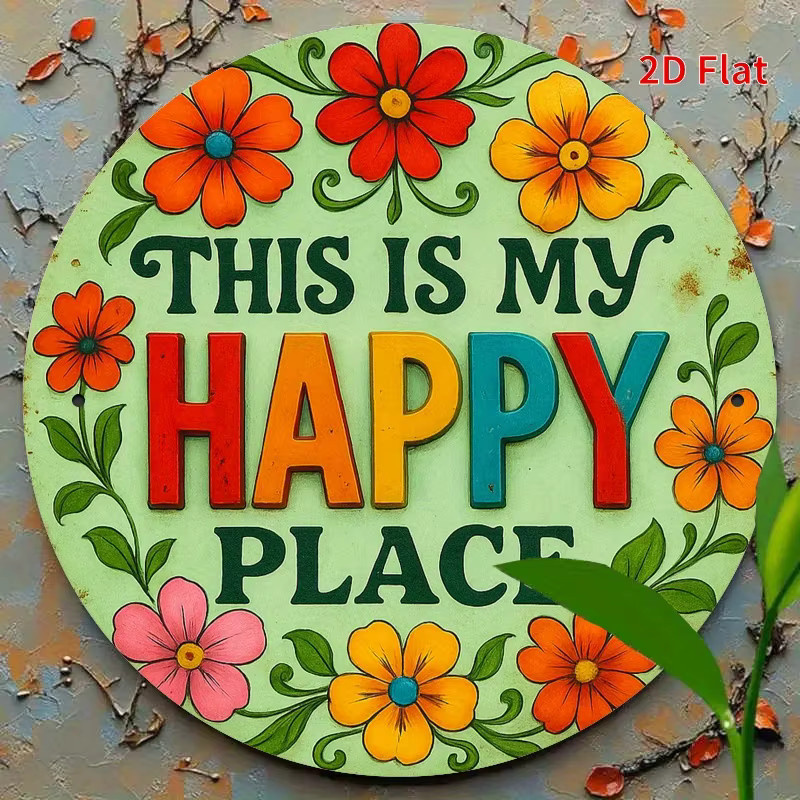 Potdemiel Vintage Rundes Eisenschild This is My Happy Place mit bunten Blumen, Durchmesser: 20,32 cm, Rustikale Wanddekoration aus Metall - Bild 4