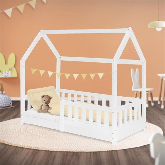 ML-Design Kinderhausbett aus Kiefernholz mit Dach und Rausfallschutz, Weiß, B: 140 cm, H: 127 cm, T: 70 cm - Bild 1