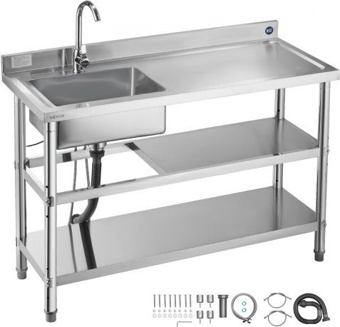 VEVOR Spültisch aus Edelstahl in Silber mit Einzelbecken, Wasserhahn und 2 Ablagefächern, B/T/H: 120 x 50 x 94 cm - Bild 1