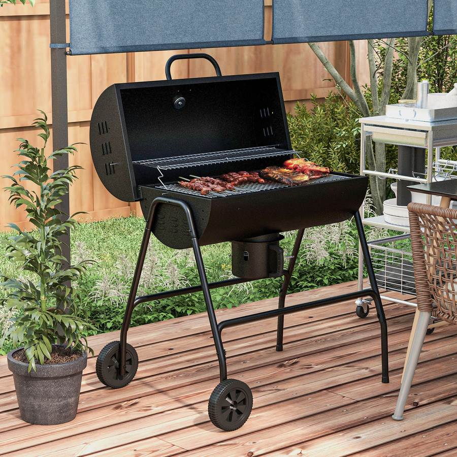 Outsunny Holzkohlegrill aus Metall als BBQ Smoker mit Deckel, Thermometer und verstellbarer Kohlewanne, fahrbarer Grillwagen für Camping und Terrasse, B/T/H: 95 x 71,5 x 102 cm - Bild 1