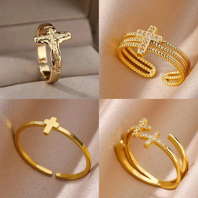 ICFTZWE Ring Jesus Kreuz, Edelstahl, Gold, Vintage, Unisex - Bild 1