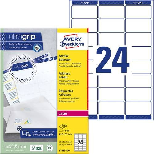 Avery Zweckform Adress-Etiketten L7159-100, Weiß, Papier, 2400 Stück, B/H: 63,5 x 33,9 mm - Bild 1
