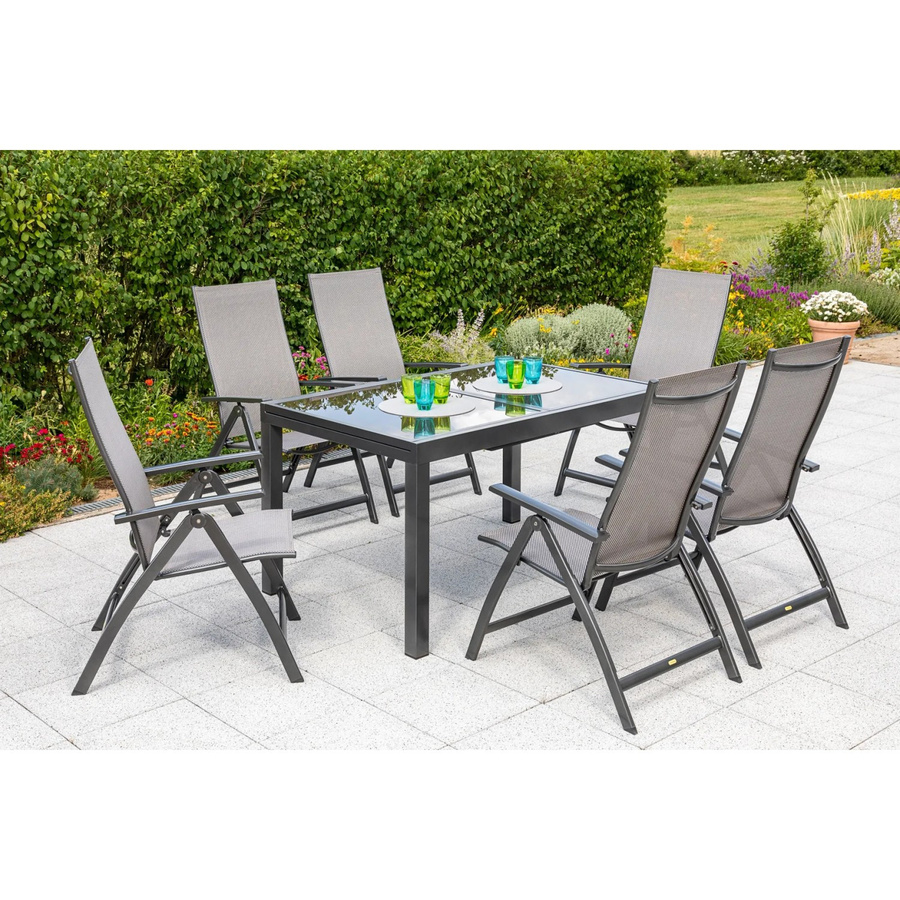 Merxx Vicenza Gartenmöbel Set 7-teilig mit Ausziehtisch und Klappsesseln in Graphit und Diamantbraun aus Aluminium und Sicherheitsglas - Bild 2