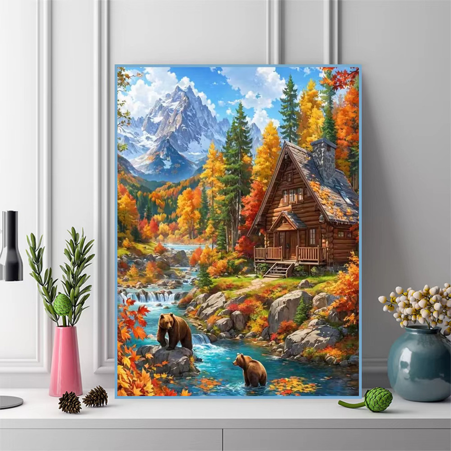 Momoart Diamantmalerei Hauslandschaft mit Wald Fluss und Bergen als DIY Diamantmosaik Stickerei in Multicolour, B/H: 30 x 20 cm - Bild 3