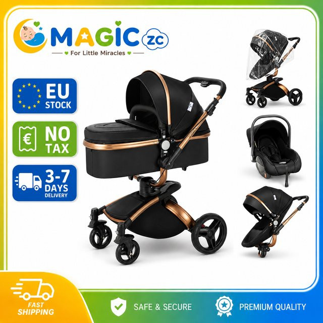Prokoke 3-in-1 Kinderwagen für Neugeborene, leichter klappbarer Reisekinderwagen mit umkehrbarem Sitz in Orange und Schwarz - Bild 1