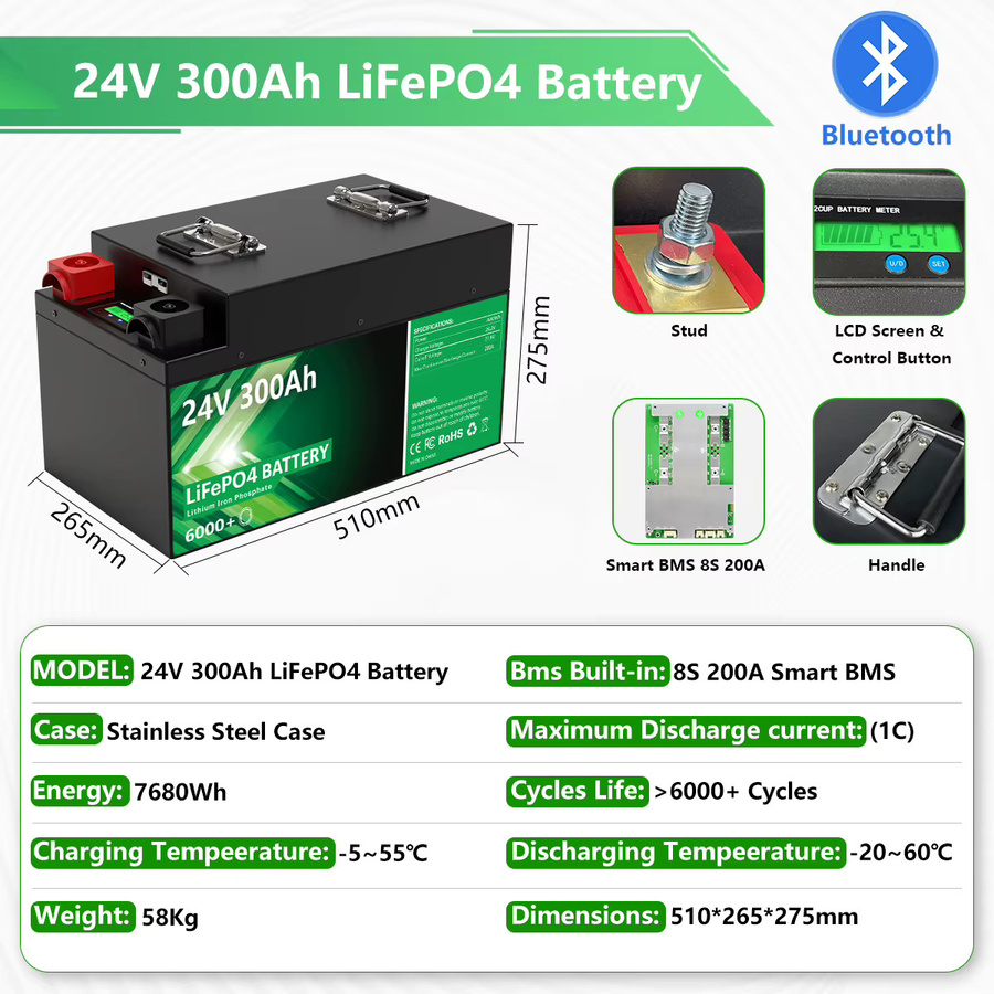 PAPOOL LiFePO4 Lithium-Batterie mit Bluetooth für Solar, RV und Golf Cart, Schwarz - Bild 2